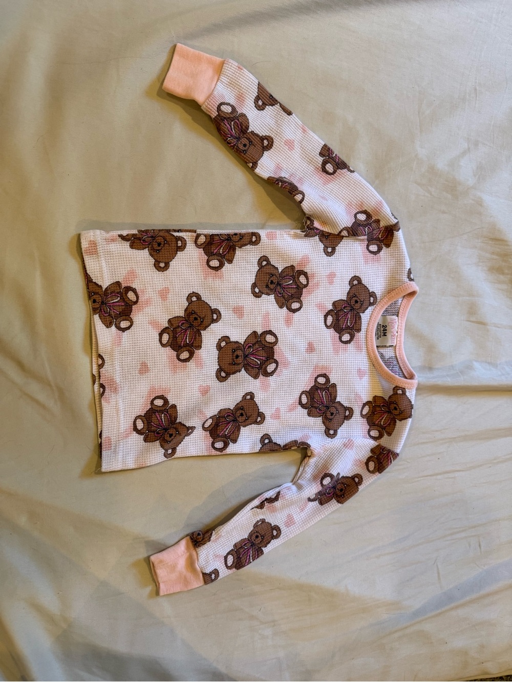 Girls Pink Teddy Bear Waffle-Knit Pajama Top